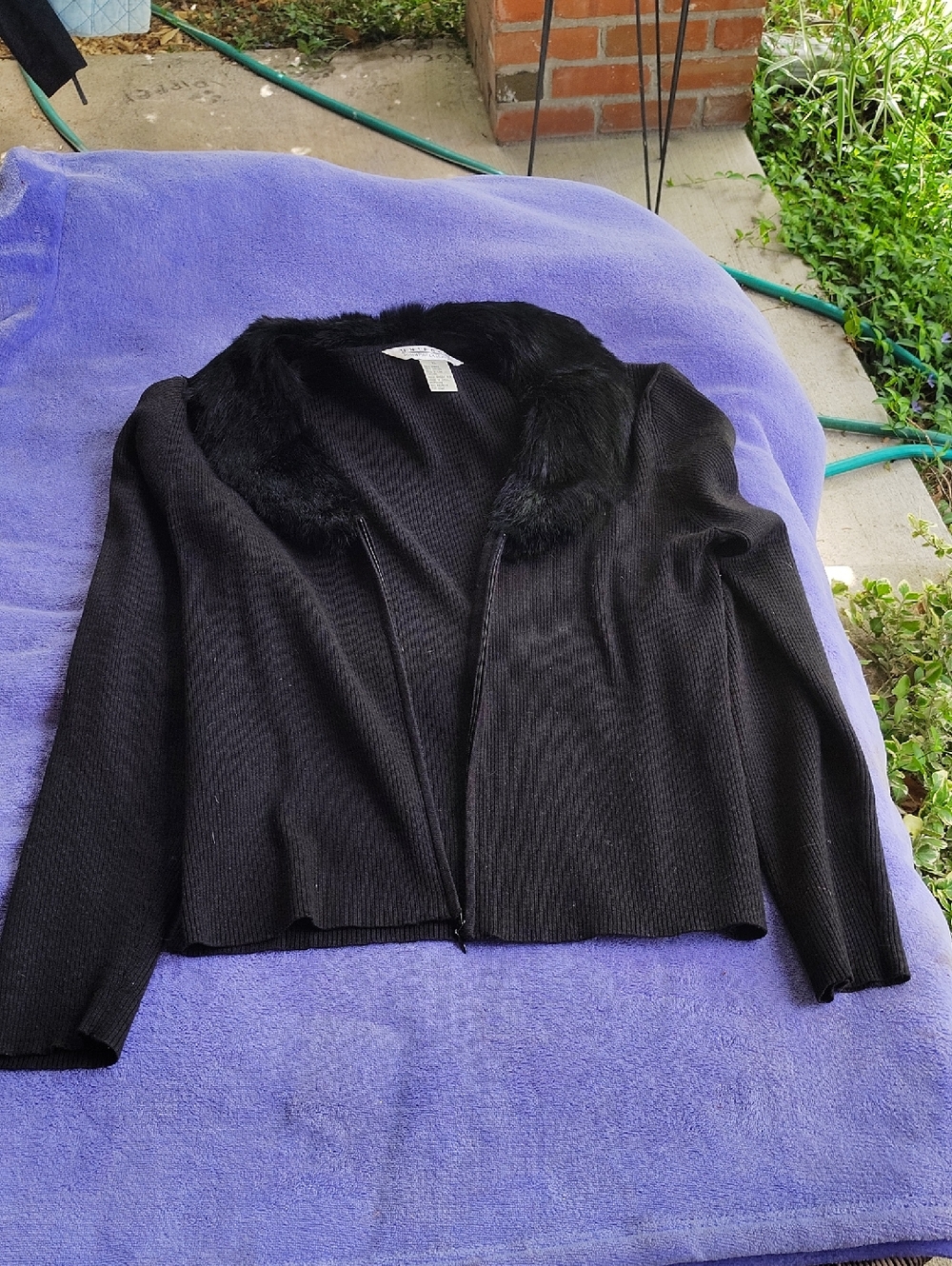 Black Faux-Fur Collar Open-Front Women's Cardigan